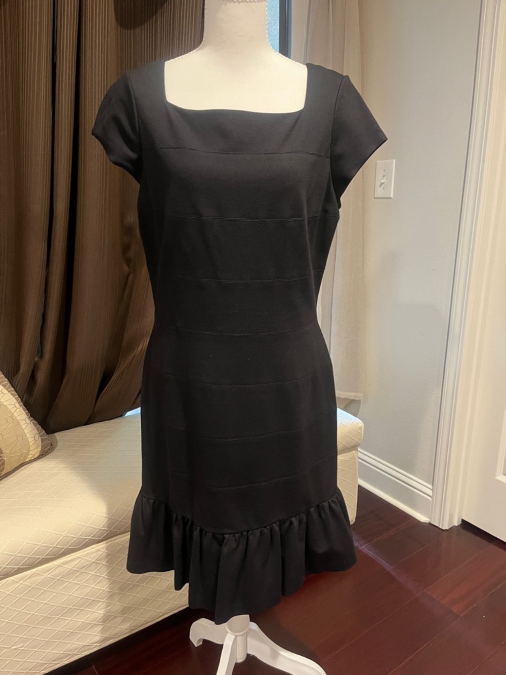 White House Black Market Black Square-Neck Cap-Sleeve Mini Dress with Ruffle Hem